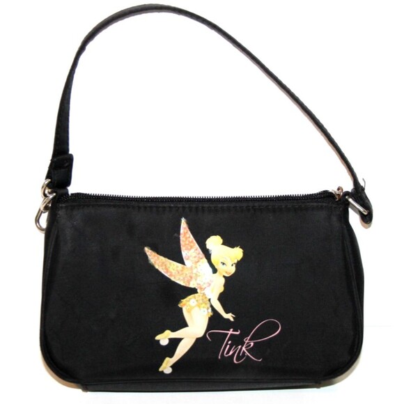 Disney Tinker Bell Tink Black Nylon Zippered Strapped Sequin Tote Bag Purse  8" - Picture 11 of 11